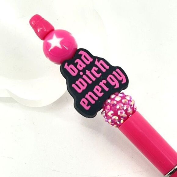 Bad Witch Energy Halloween pen handmade NEW bling rhinestone hot pink black - Picture 6 of 7